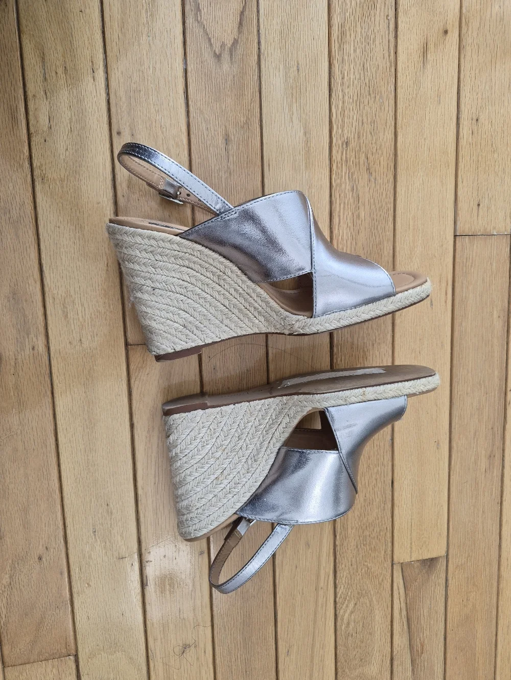 Zara TRF Metallic Silver Espadrille Wedge 37 Sandals Slingback Platform Mrtallic - Picture 11 of 15